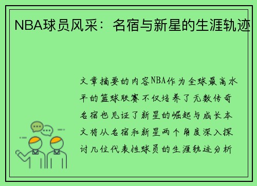 NBA球员风采：名宿与新星的生涯轨迹