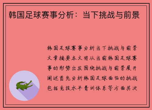 韩国足球赛事分析：当下挑战与前景