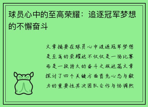 球员心中的至高荣耀：追逐冠军梦想的不懈奋斗